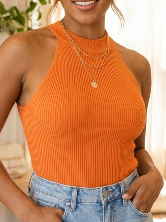 Happily Grey Tops - Happily Grey Burnt Orange Ribbed Halter Mock Neck Bodysuit Size S Small